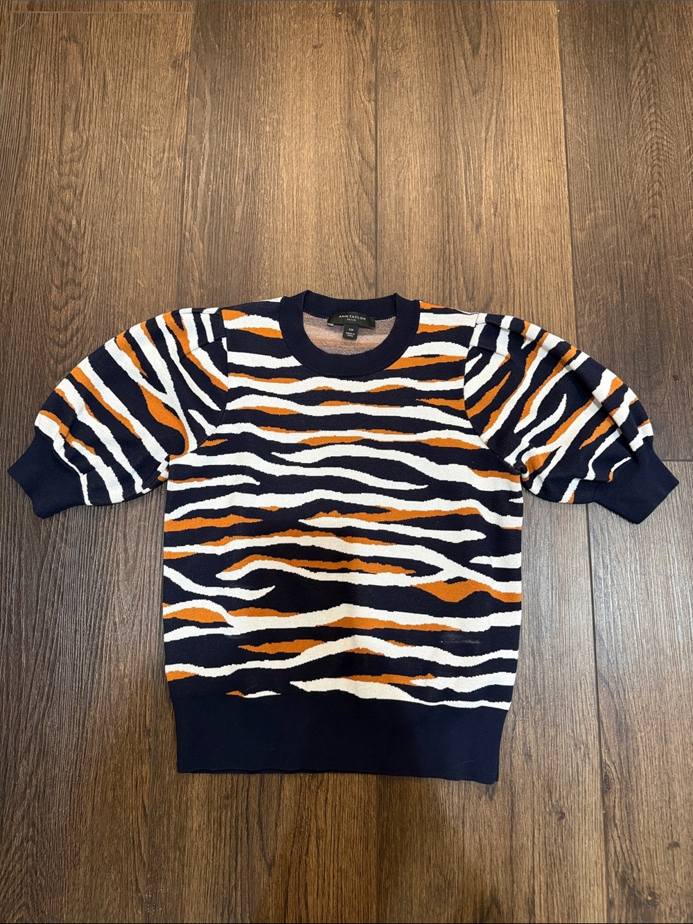 Ann Taylor Navy, White & Orange Zebra-Striped Crewneck Sweater